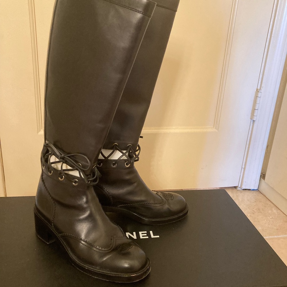 CHANEL black calfskin leather high boots, size 41